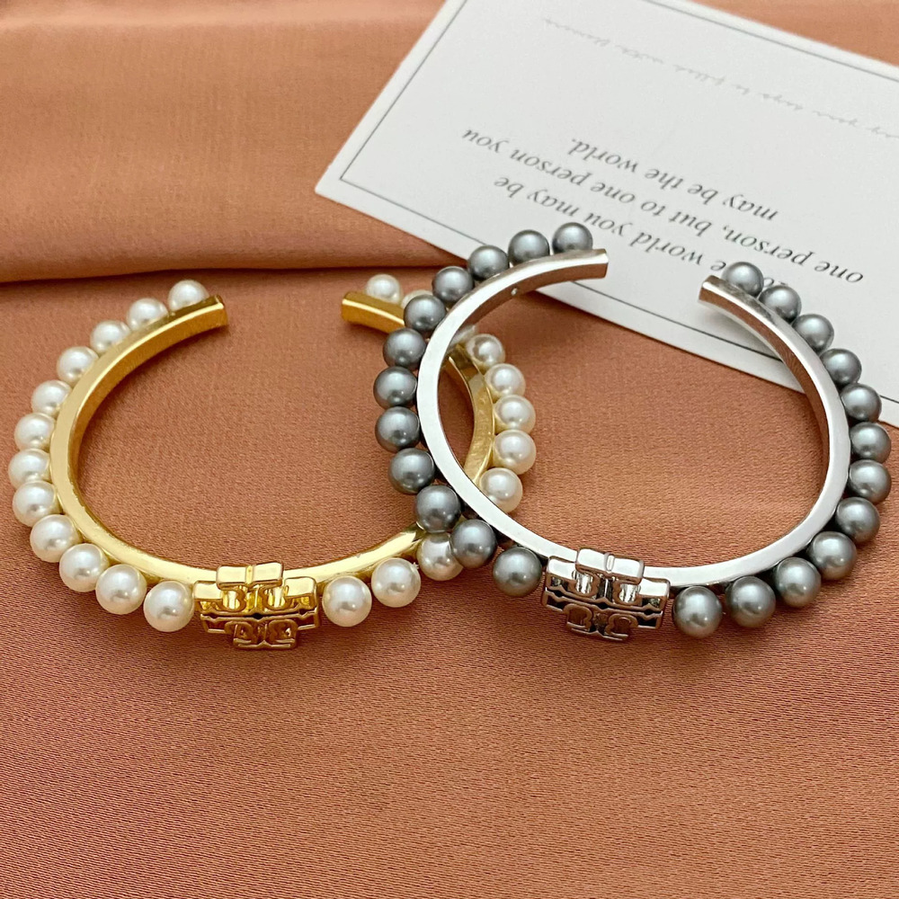 Tory Burch Hollow Letter Pearl Open Metal Bracelet
